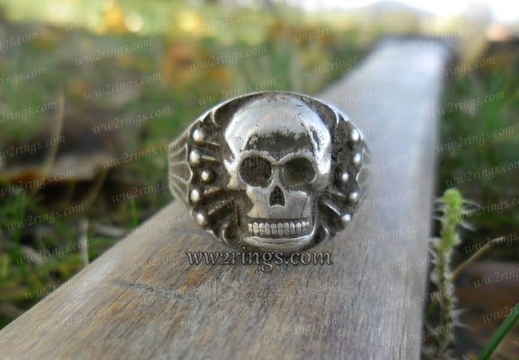 Skull ring - big skull, bones, silver, oak leaves